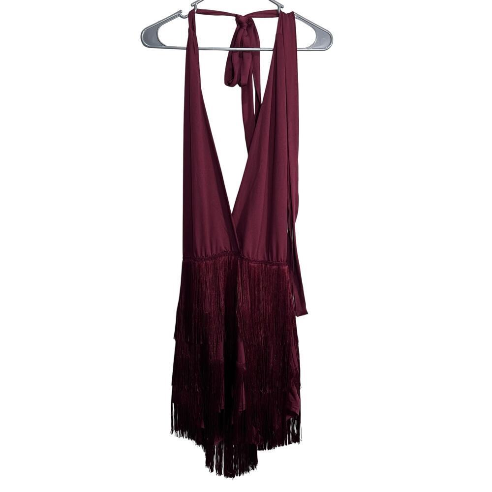 TikTok Shop Women’s Tassel Tie Back Deep V Neck BodyCon Romper Burgundy Size XL